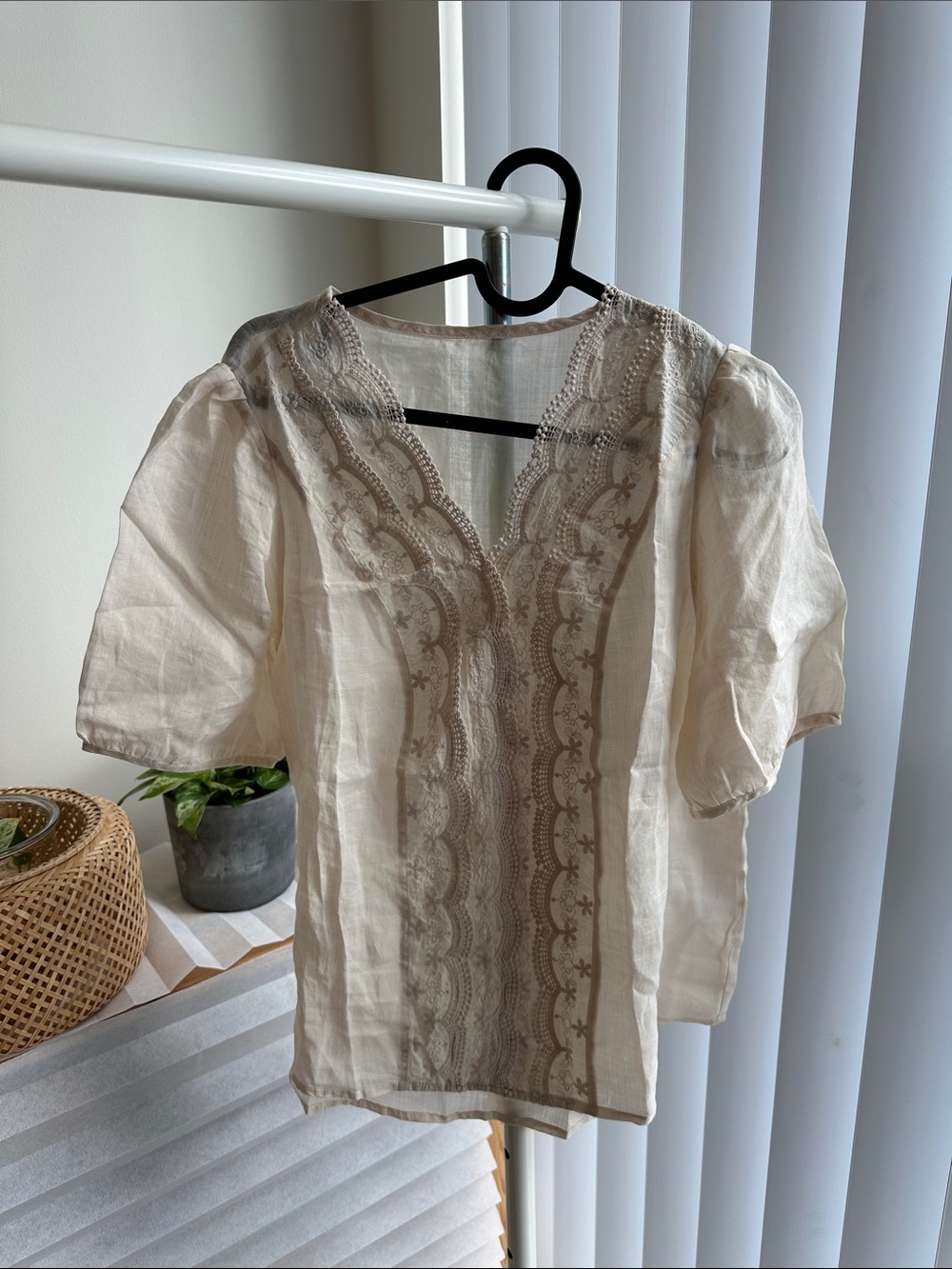 Embroidered Cream Linen-Blend Women's Top